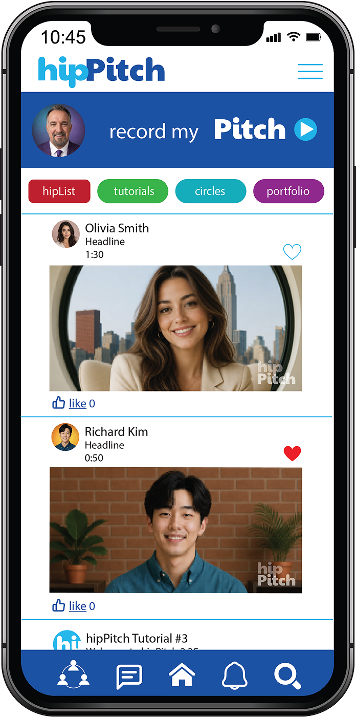 hipPitch mobile app showing video pitches feed
